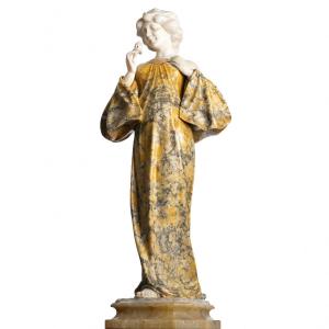 Sculpture Allégorique La Dame Au Lotus En Marbre Et Albâtre - Art Nouveau 1900