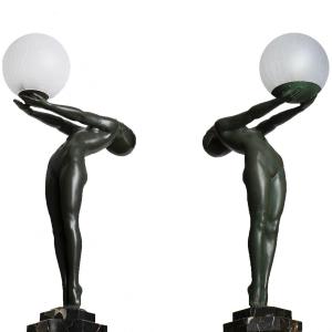Pair Large Sculpture Lumina Illuminating Lamp 65 Cm By Le Verrier Era Fayral, Bouraine - 1928 Art Deco