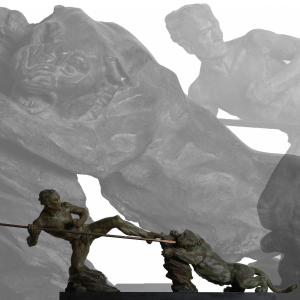 Sculpture "lioness Hunt" Bronze By P. Berjean - Le Verrier Fayral Bouraine Art Deco 1930