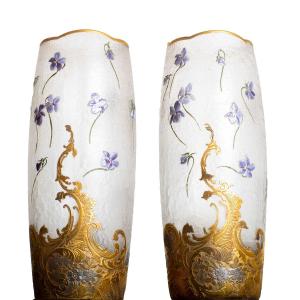 Paire De Grands Vases Aux Violettes Par Montjoye Legras 1900 - Art Nouveau era Daum, Gallé