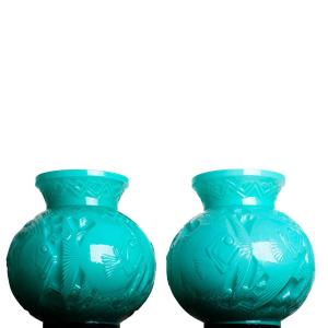 Rare paire de Vases aux Poissons par Pierre d'Avesn Art Deco 1925 -  Daum, Muller, Lalique