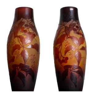 Pair Of Virginia Creeper Vases By Paul Nicolas d'Argental - Gallé, Daum, Delatte Art Nouveau 1920