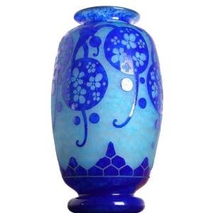Grand Vase Azurette Charles Schneider Le Verre Français - Art Deco Circa 1923    