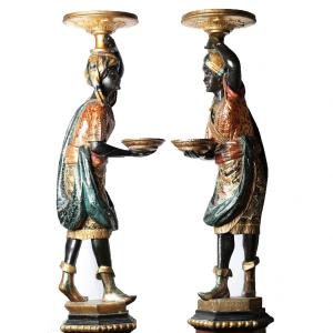 High Pair Of Nubians In Polychrome And Gilded Wood With Double Trays 19th Century Venice 66.1inch