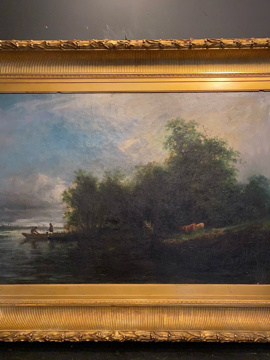 Large Signed Painting, Landscape In A Large Golden Frame-photo-4