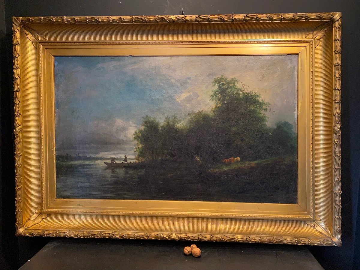 Large Signed Painting, Landscape In A Large Golden Frame