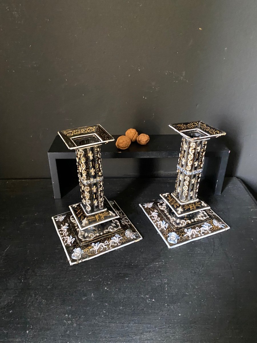 Pair Of Candlesticks In Enamels On Copper-photo-1