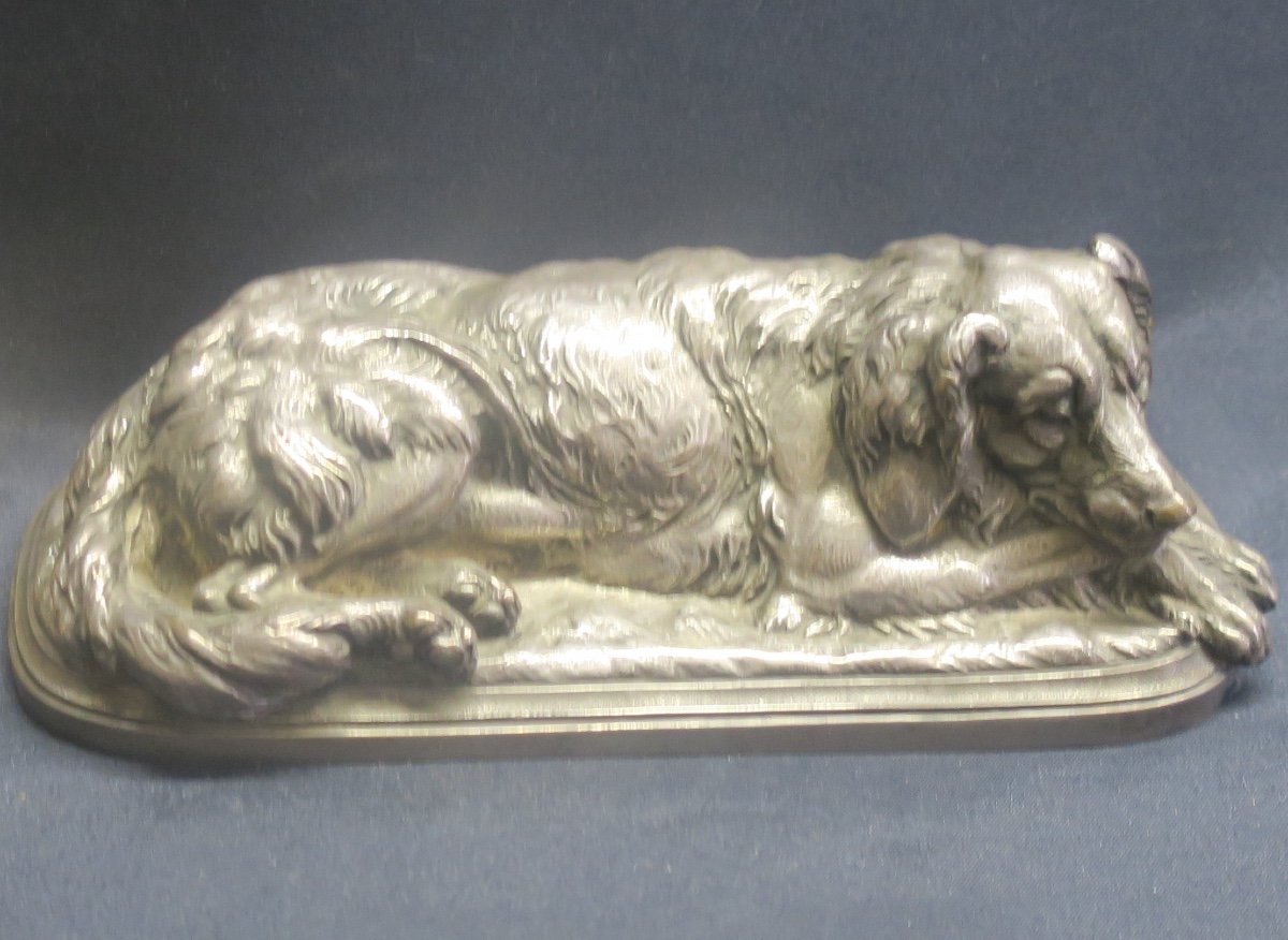 Dog Lying In Silver Bronze, Signed Hingre-photo-2