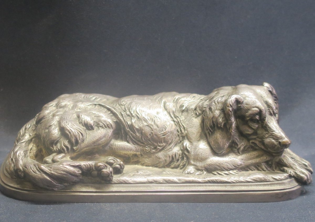 Dog Lying In Silver Bronze, Signed Hingre-photo-3