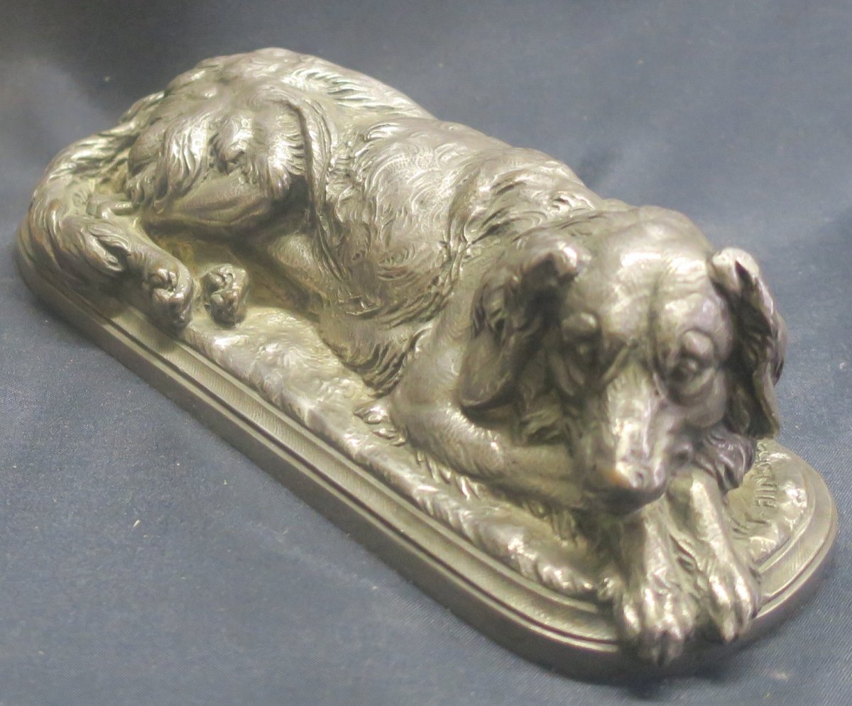 Dog Lying In Silver Bronze, Signed Hingre-photo-4
