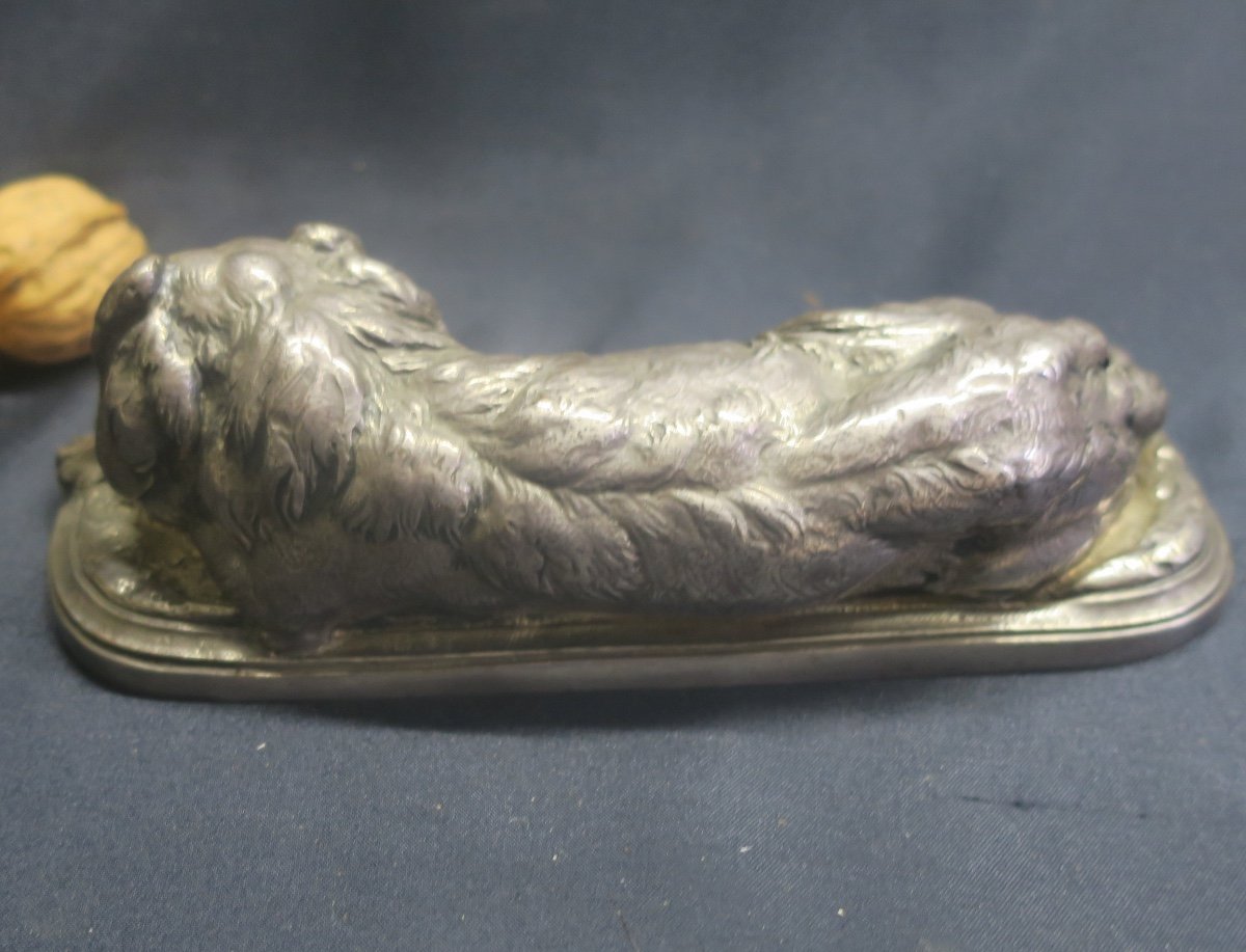 Dog Lying In Silver Bronze, Signed Hingre-photo-1