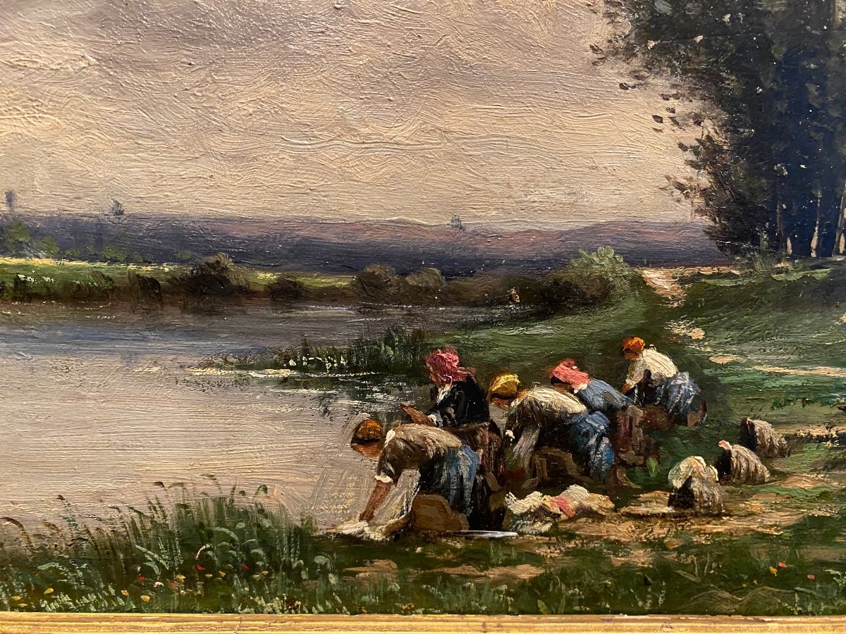 Painting, Painting The Washerwomen Signed F Perret-photo-4