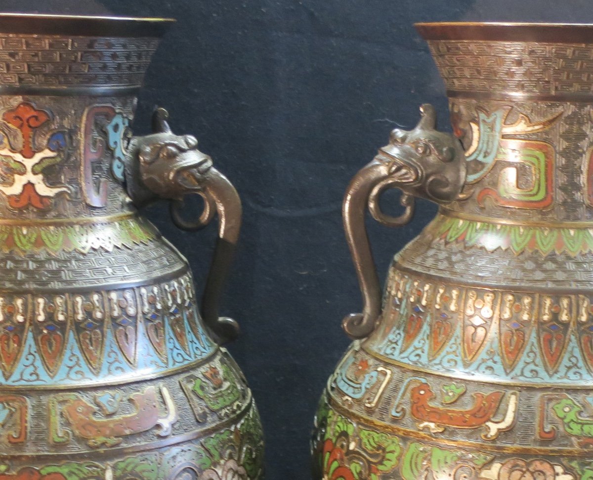 Pair Of Cloisonné Enamel Vases From The 19th Century-photo-2