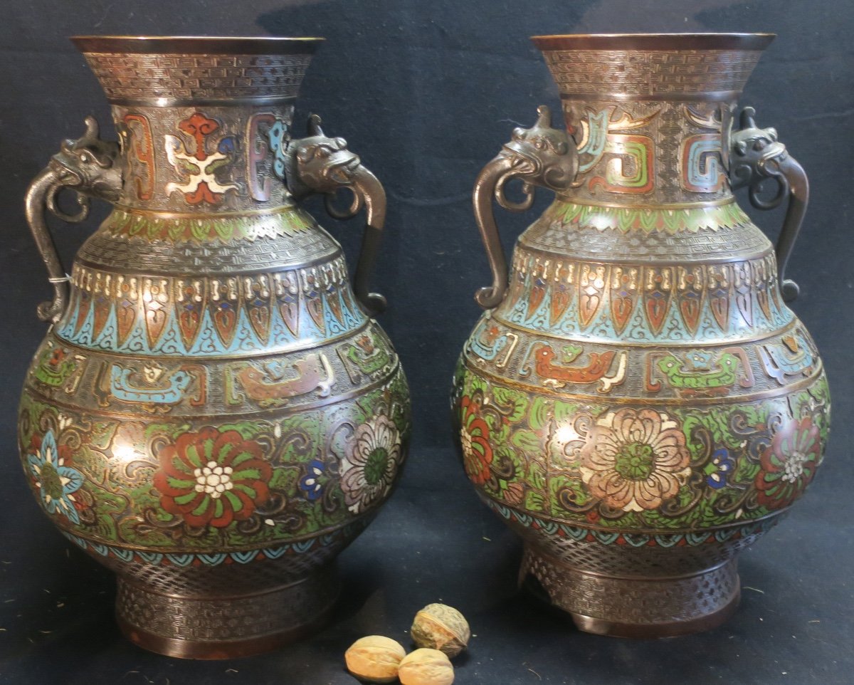 Pair Of Cloisonné Enamel Vases From The 19th Century