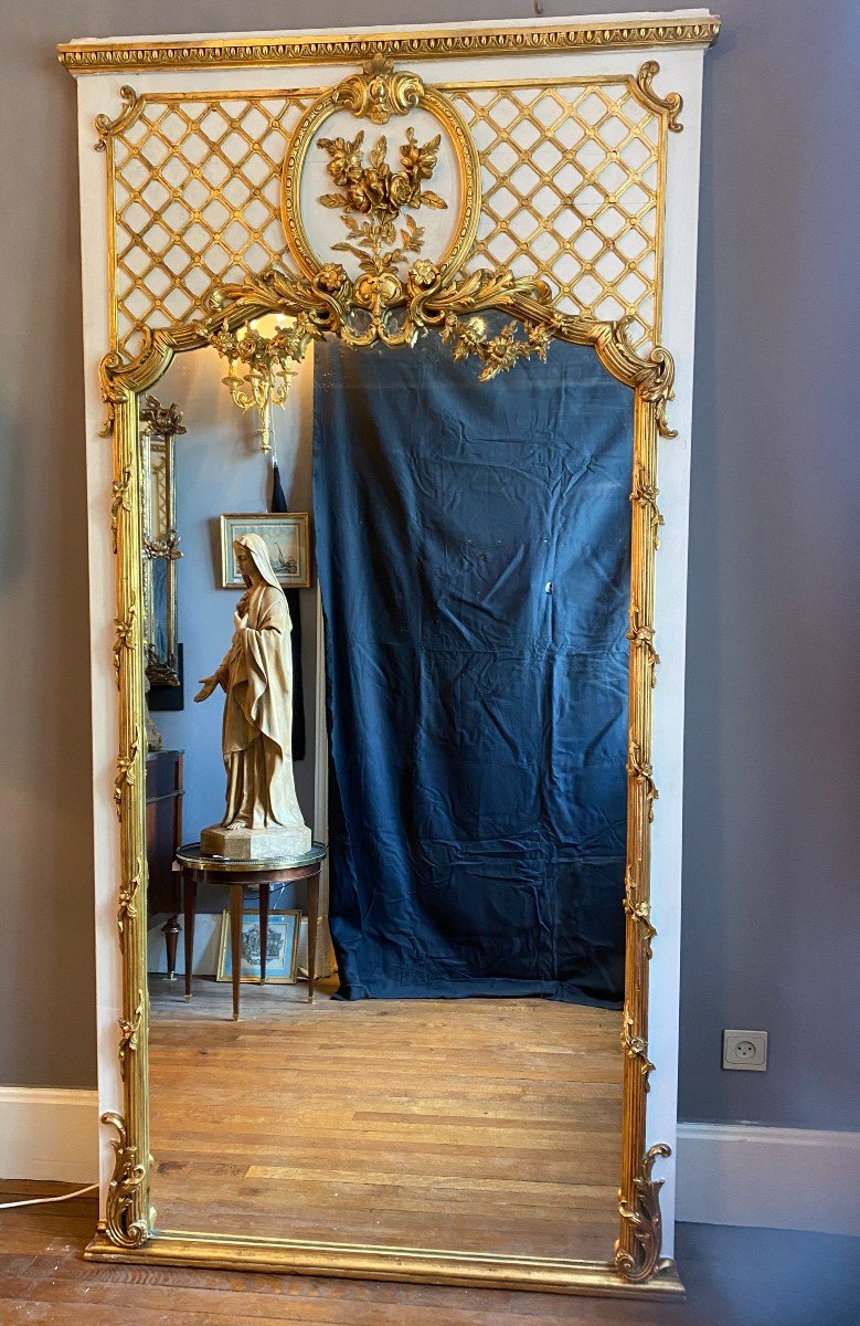 Very Large Mirror, Glass In Painted And Gilded Wood