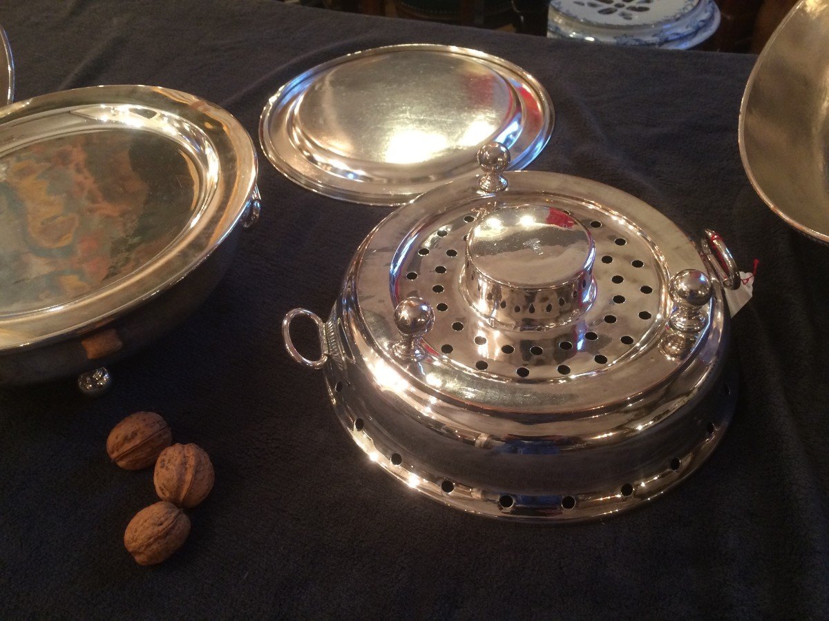 Paire De Chauffe Plat Et Cloche En Métal Argenté-photo-3