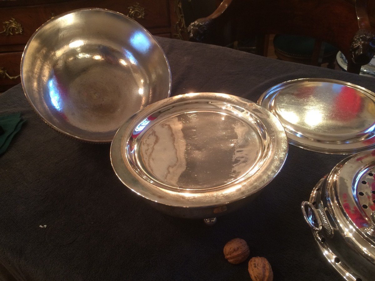 Paire De Chauffe Plat Et Cloche En Métal Argenté-photo-4