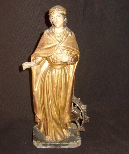 Saint Catherine, Small Gilded Wooden Statue-photo-2