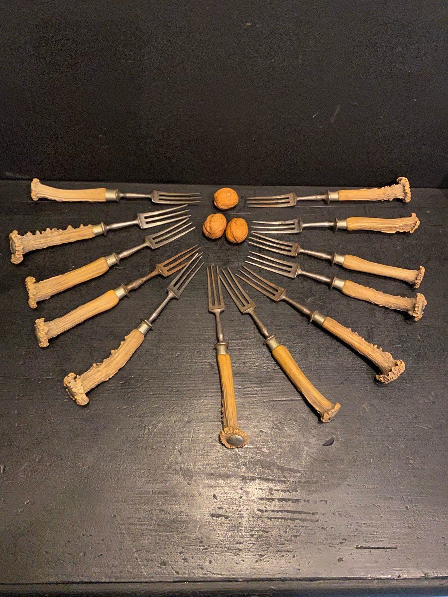 12 Forks With Deer Antler Handles