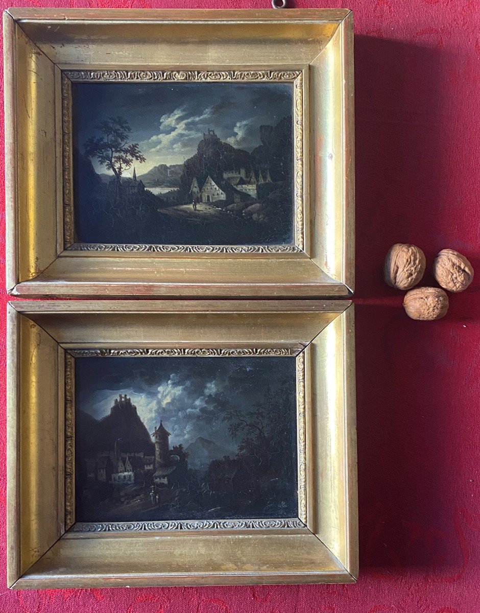 Paire De Petits Tableaux, Paysages Nocturnes-photo-1