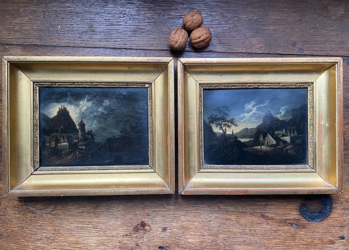 Paire De Petits Tableaux, Paysages Nocturnes-photo-2