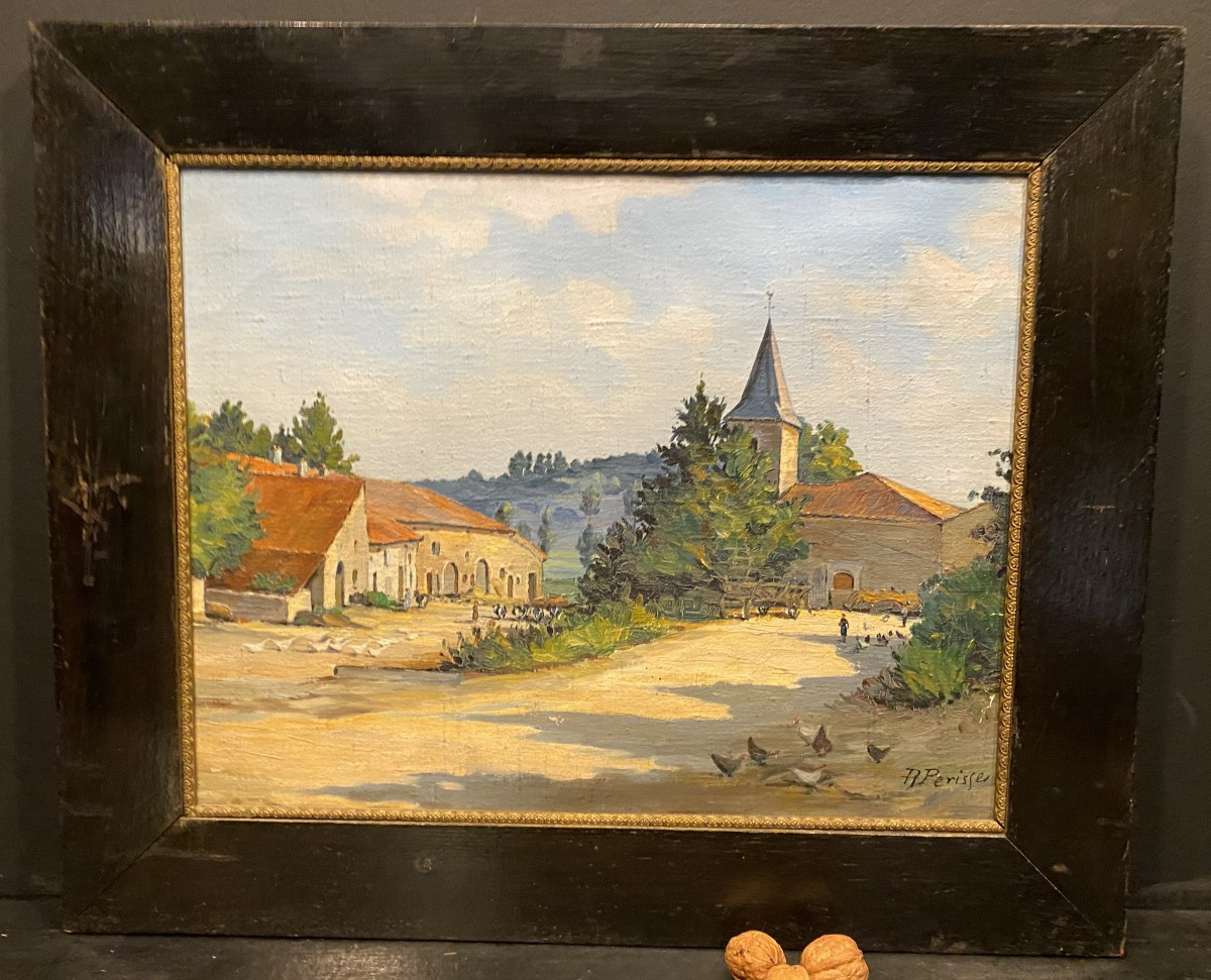 Painting, Signed Perisse, Village Of Pierreville Sur Madon