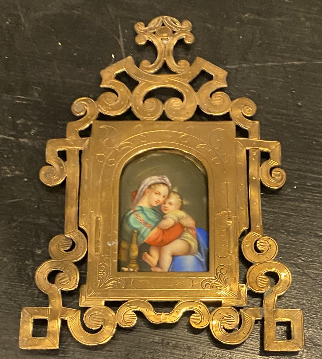 vierge à l'enfant, peinture sur porcelaine en miniature-photo-3