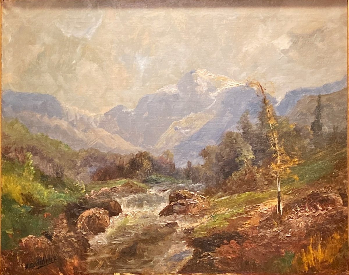 Painting Signed A Godchaux, Mountain Landscape-photo-2