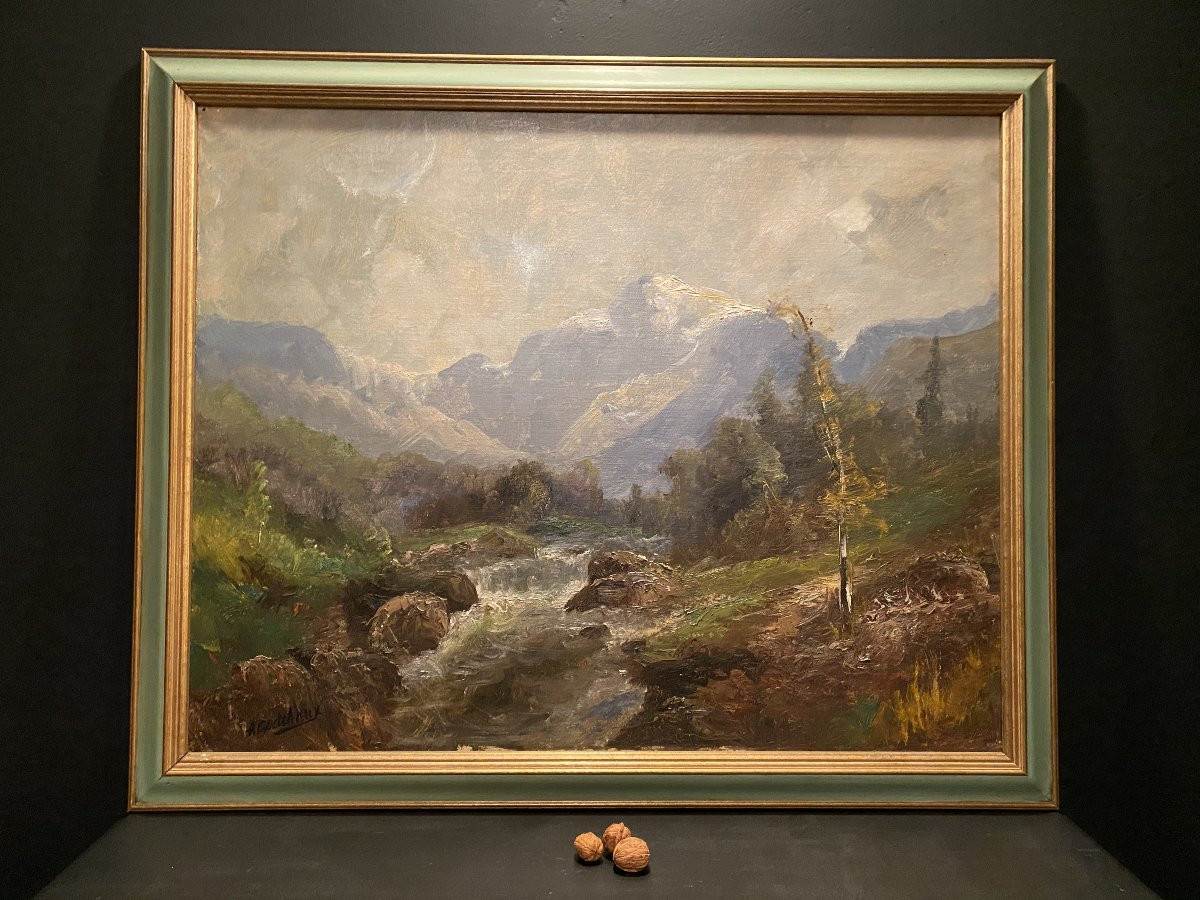 Painting Signed A Godchaux, Mountain Landscape-photo-3