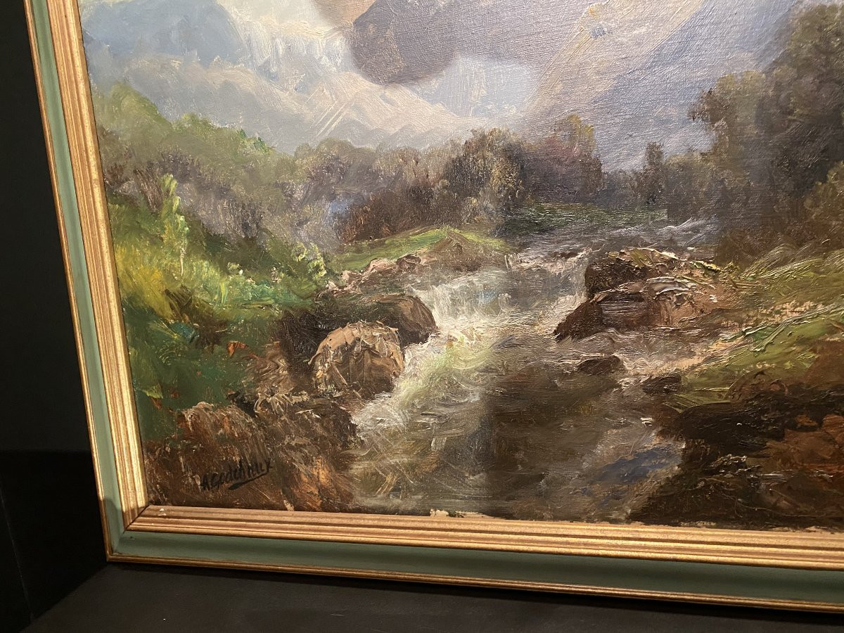 Painting Signed A Godchaux, Mountain Landscape-photo-1