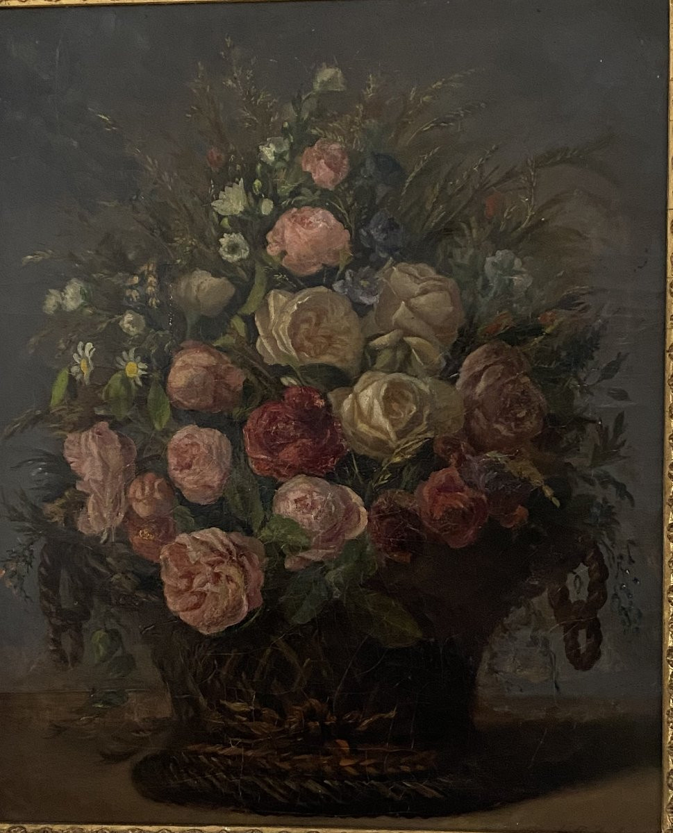 Painting, Bouquet Of Flowers In Its Gilded Frame-photo-2