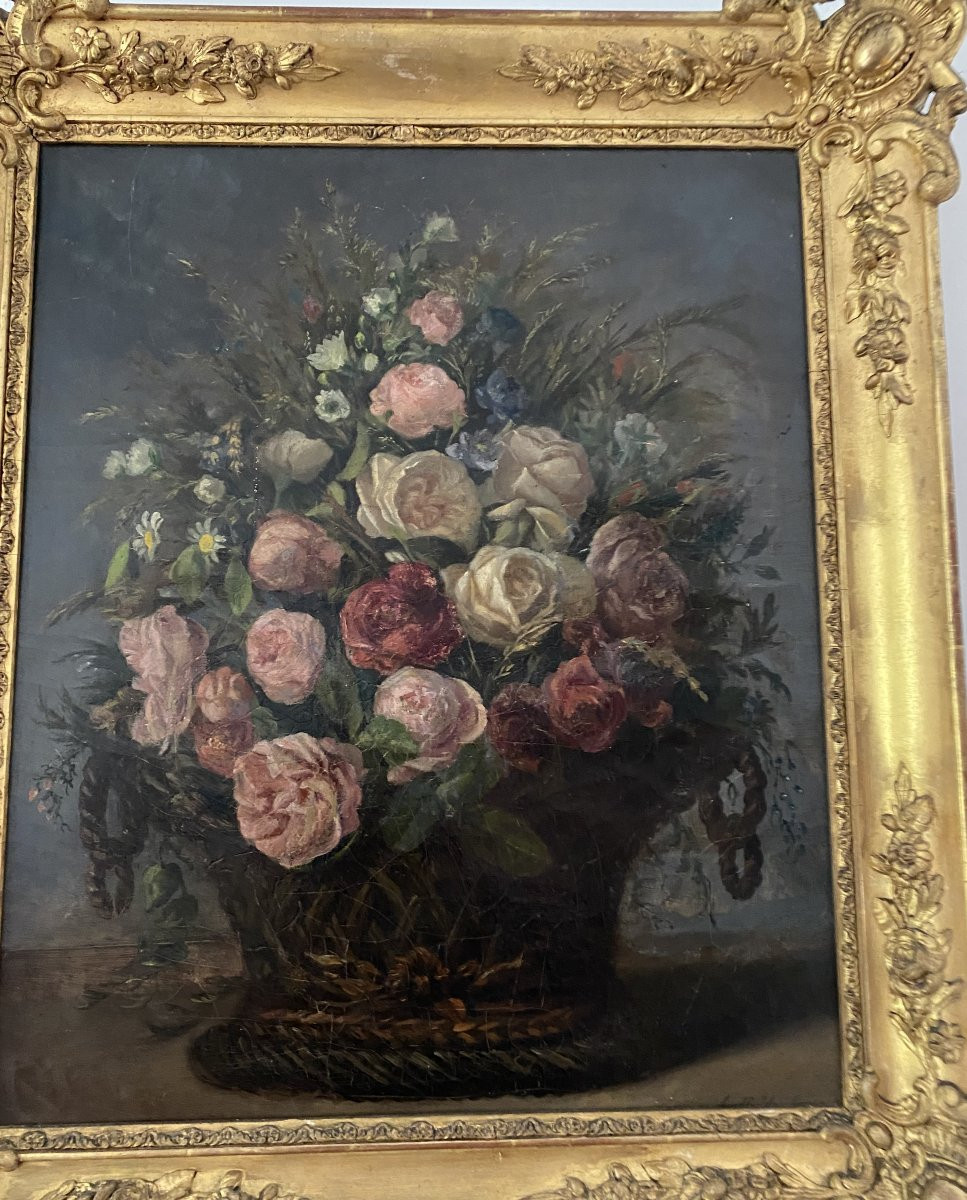 Painting, Bouquet Of Flowers In Its Gilded Frame-photo-3