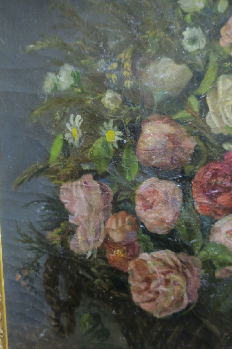 Painting, Bouquet Of Flowers In Its Gilded Frame-photo-1