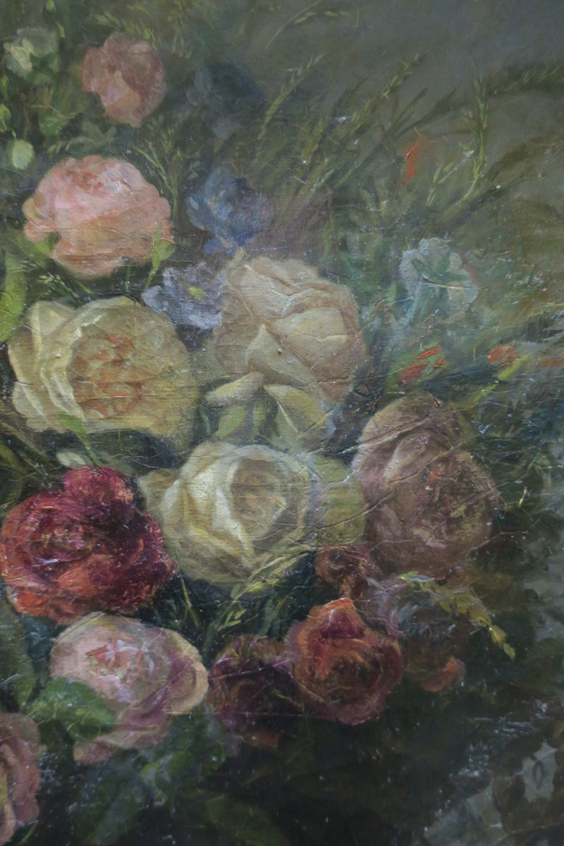 Painting, Bouquet Of Flowers In Its Gilded Frame-photo-2
