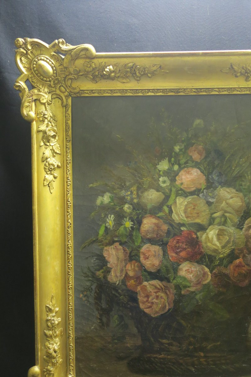 Painting, Bouquet Of Flowers In Its Gilded Frame-photo-6
