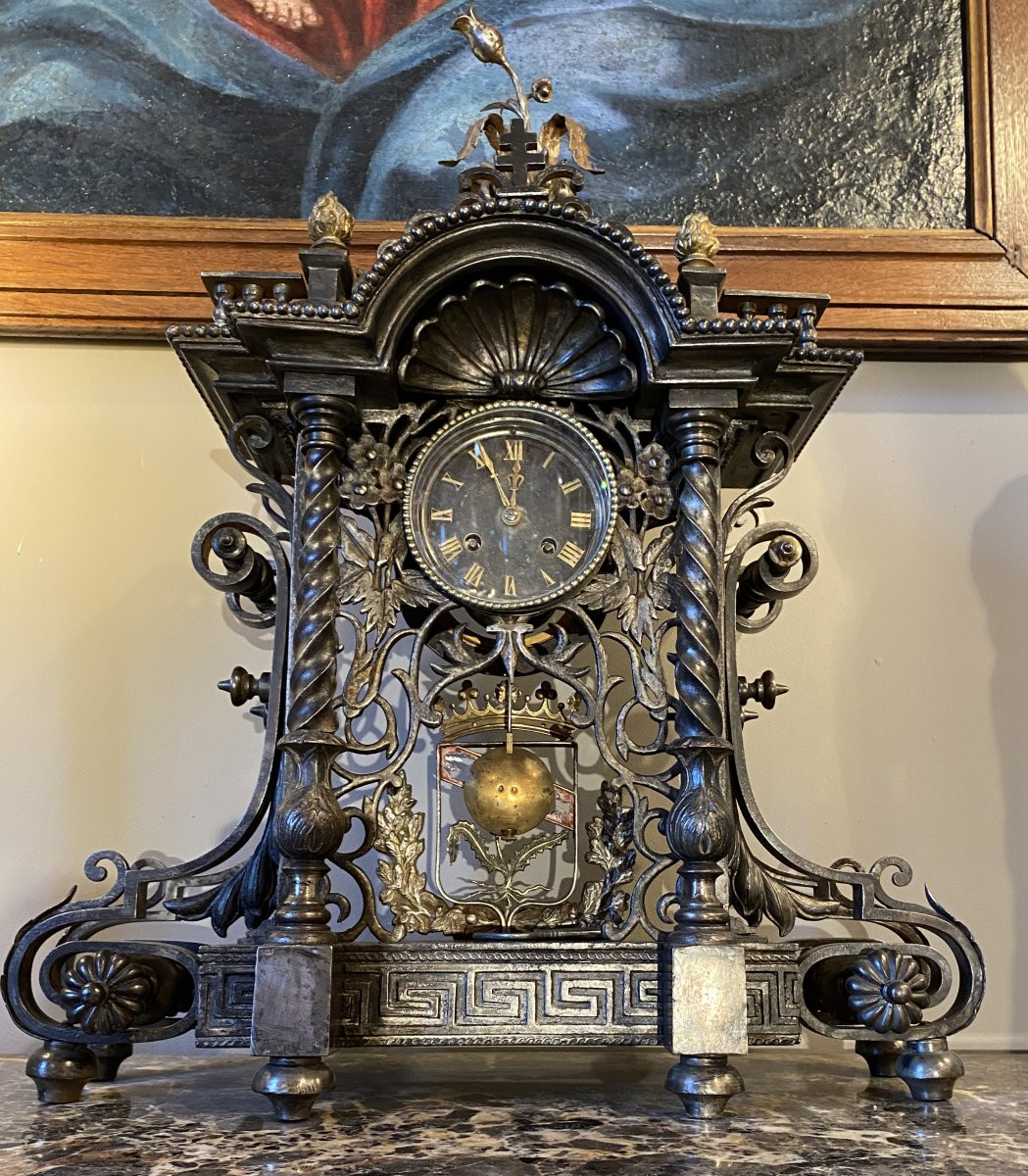Clock With The Coat Of Arms Of Lorraine In Iron And Cast Iron, Marked Stezle On The Back. -photo-2