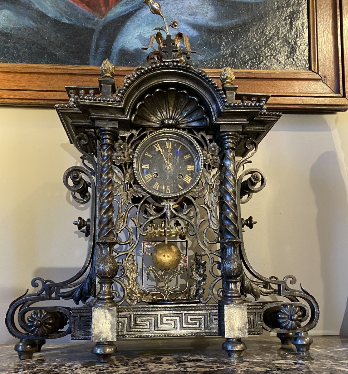 Clock With The Coat Of Arms Of Lorraine In Iron And Cast Iron, Marked Stezle On The Back. -photo-3