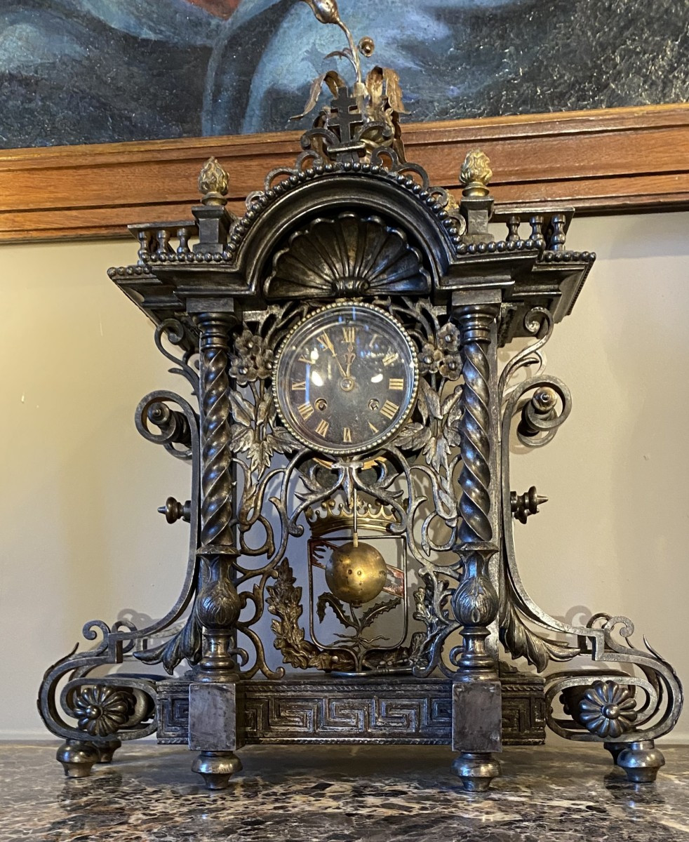 Clock With The Coat Of Arms Of Lorraine In Iron And Cast Iron, Marked Stezle On The Back. 