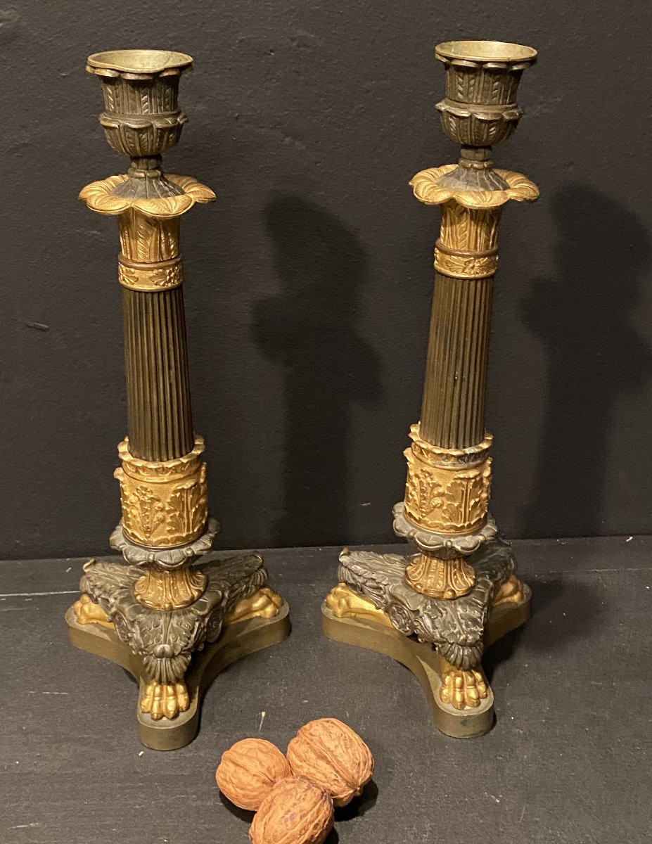 Pair Of Bronze Candlesticks With Two Patinas.-photo-3