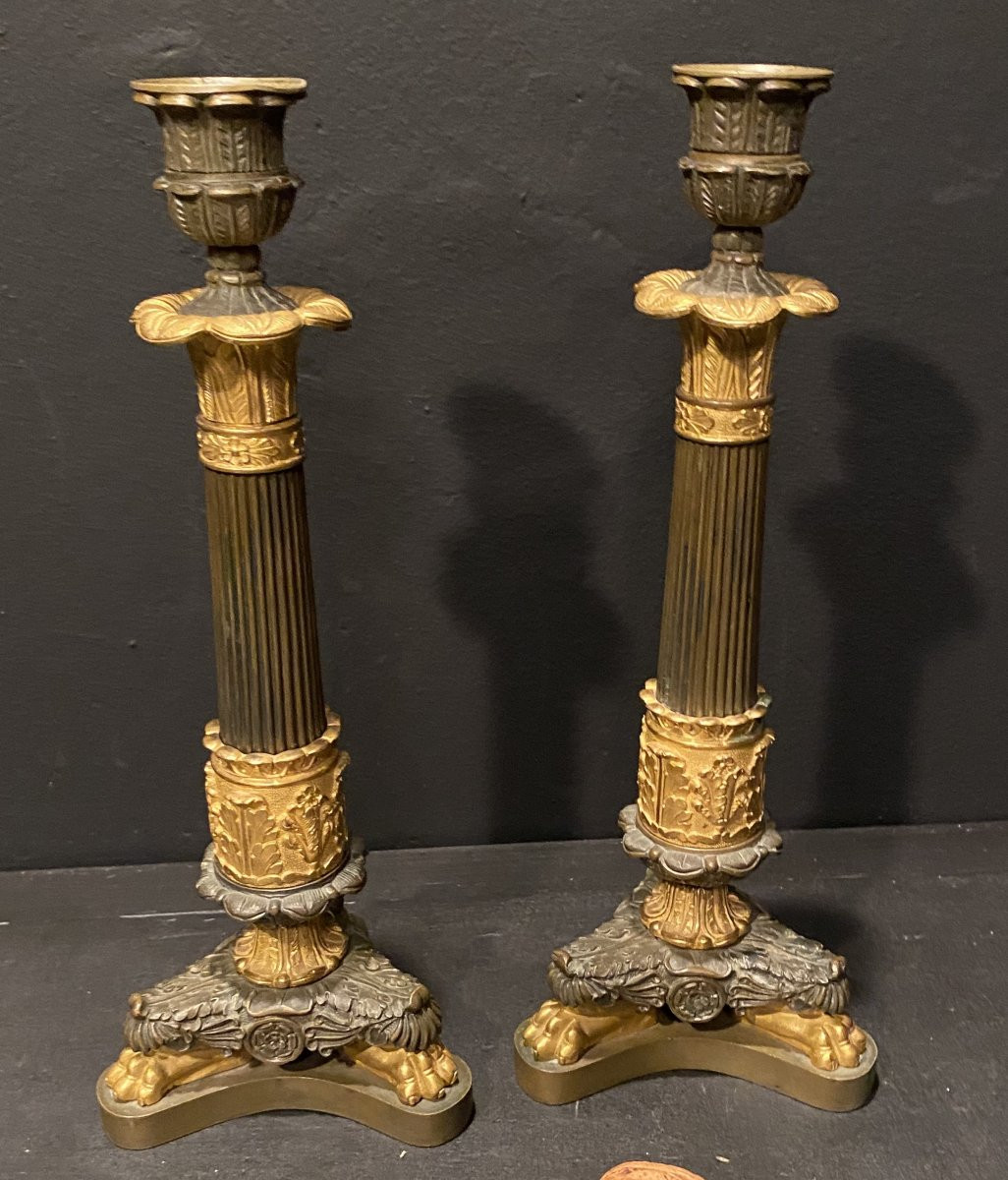 Pair Of Bronze Candlesticks With Two Patinas.-photo-4