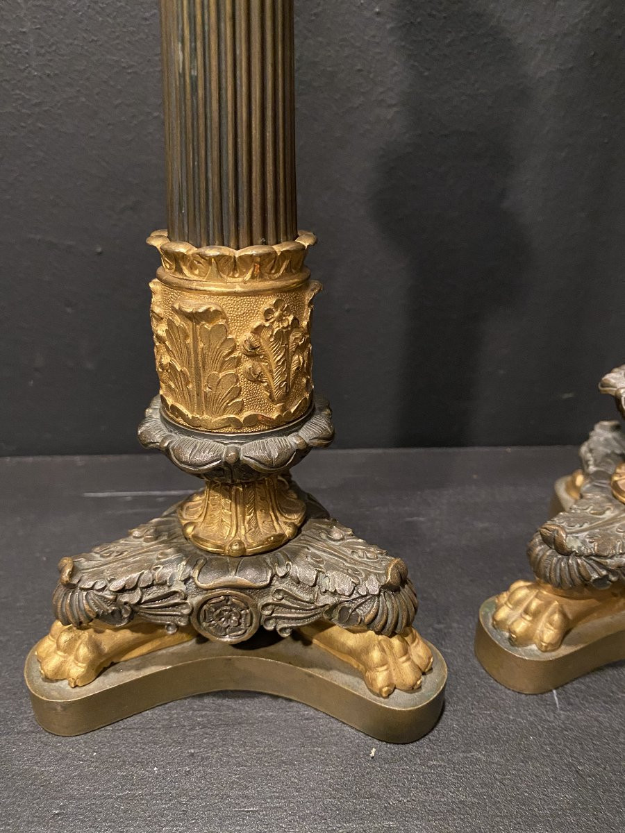 Pair Of Bronze Candlesticks With Two Patinas.-photo-1