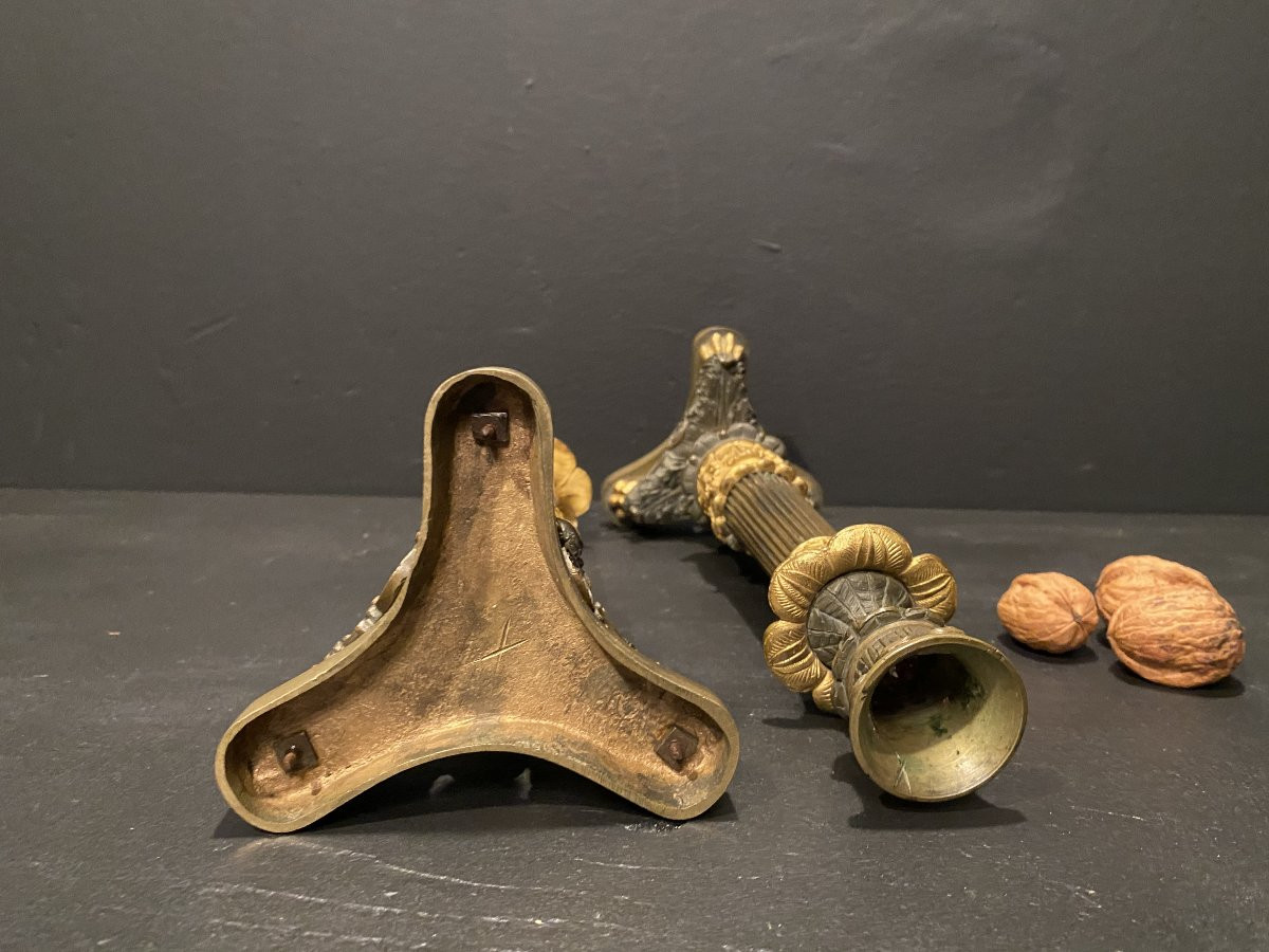 Pair Of Bronze Candlesticks With Two Patinas.-photo-3
