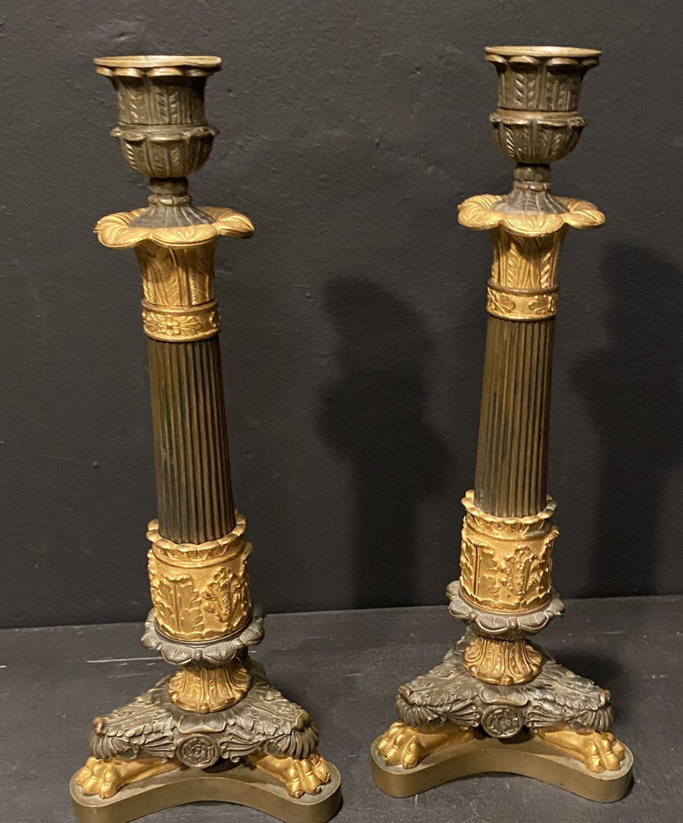 Pair Of Bronze Candlesticks With Two Patinas.
