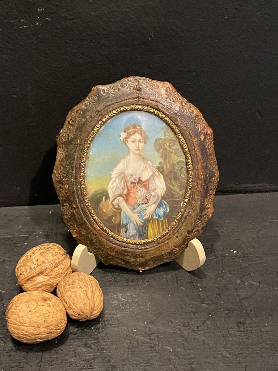 Signed Miniature And Its Leather Frame-photo-3