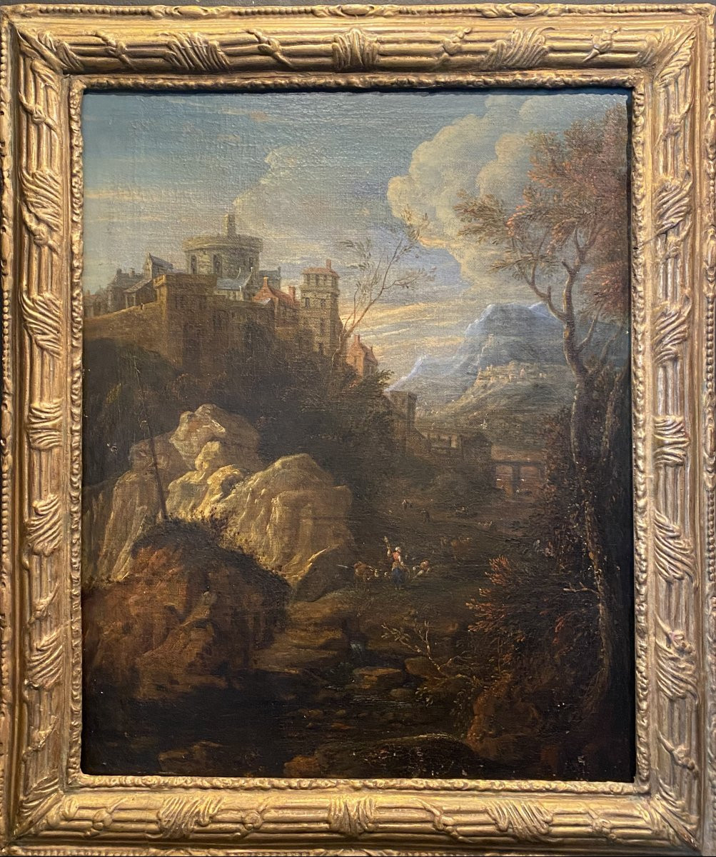 tableau, peinture représentant un village dans la montagne-photo-2