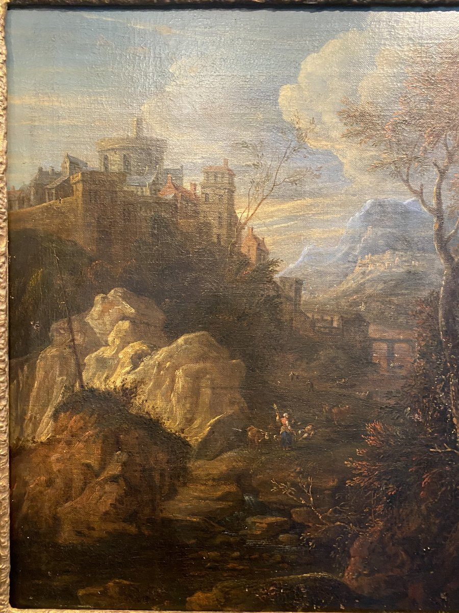 tableau, peinture représentant un village dans la montagne-photo-3