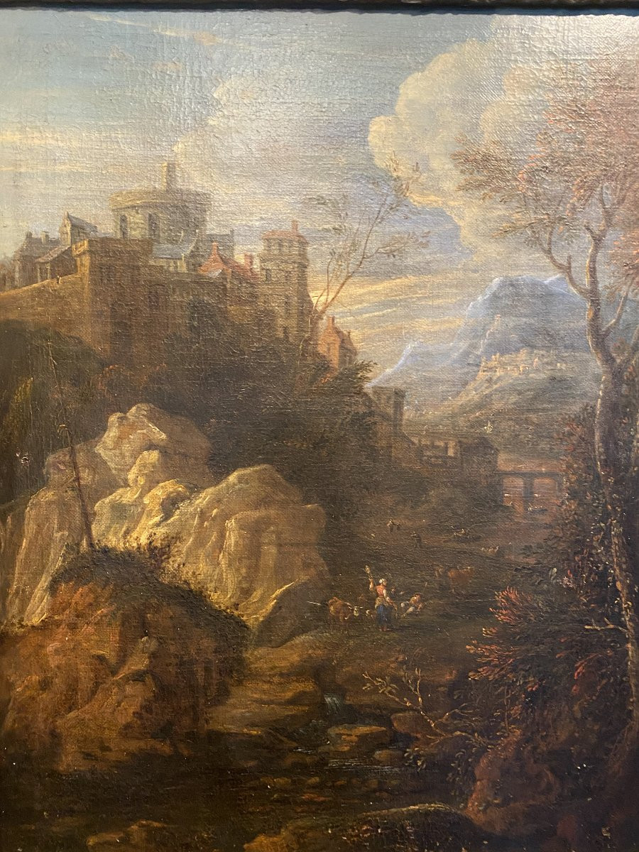 tableau, peinture représentant un village dans la montagne-photo-4