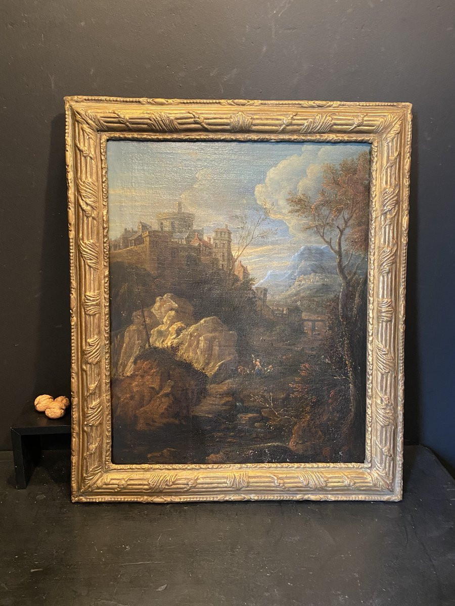 tableau, peinture représentant un village dans la montagne-photo-1