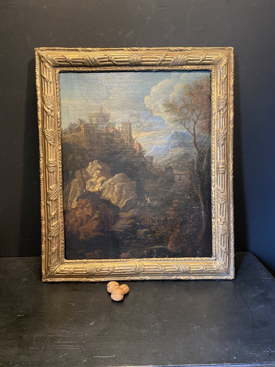 tableau, peinture représentant un village dans la montagne-photo-2