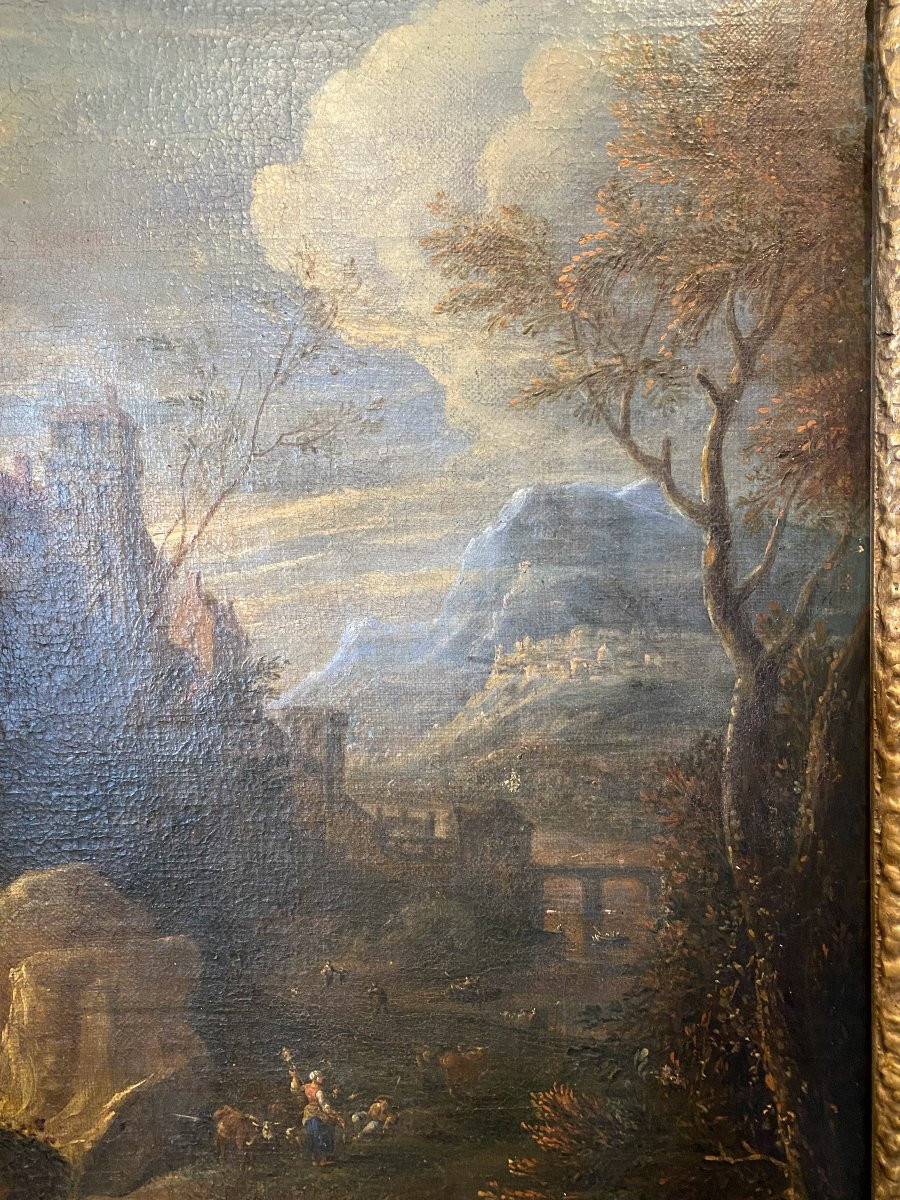 tableau, peinture représentant un village dans la montagne-photo-3